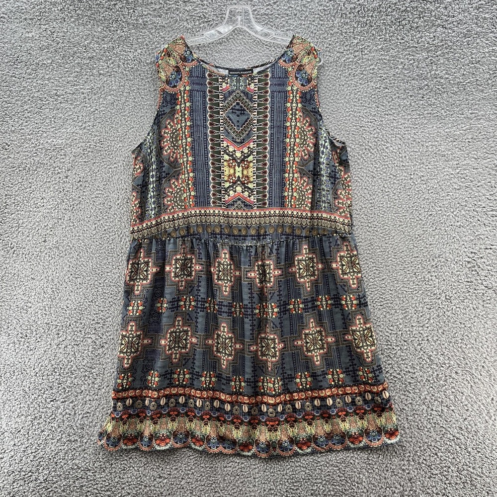 Hemant Nandita Dress XL Gray Colorful Print Boho Sleeveless Relaxed Knee Length
